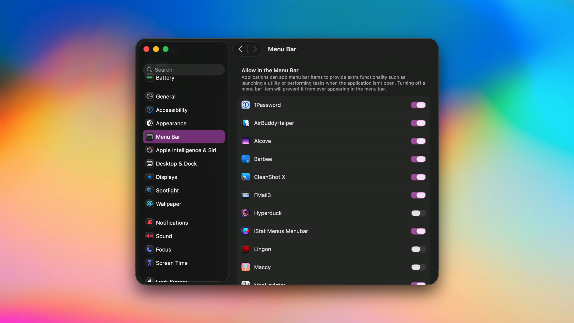 System Settings in macOS Tahoe, showing apps allowed to access the menu bar.