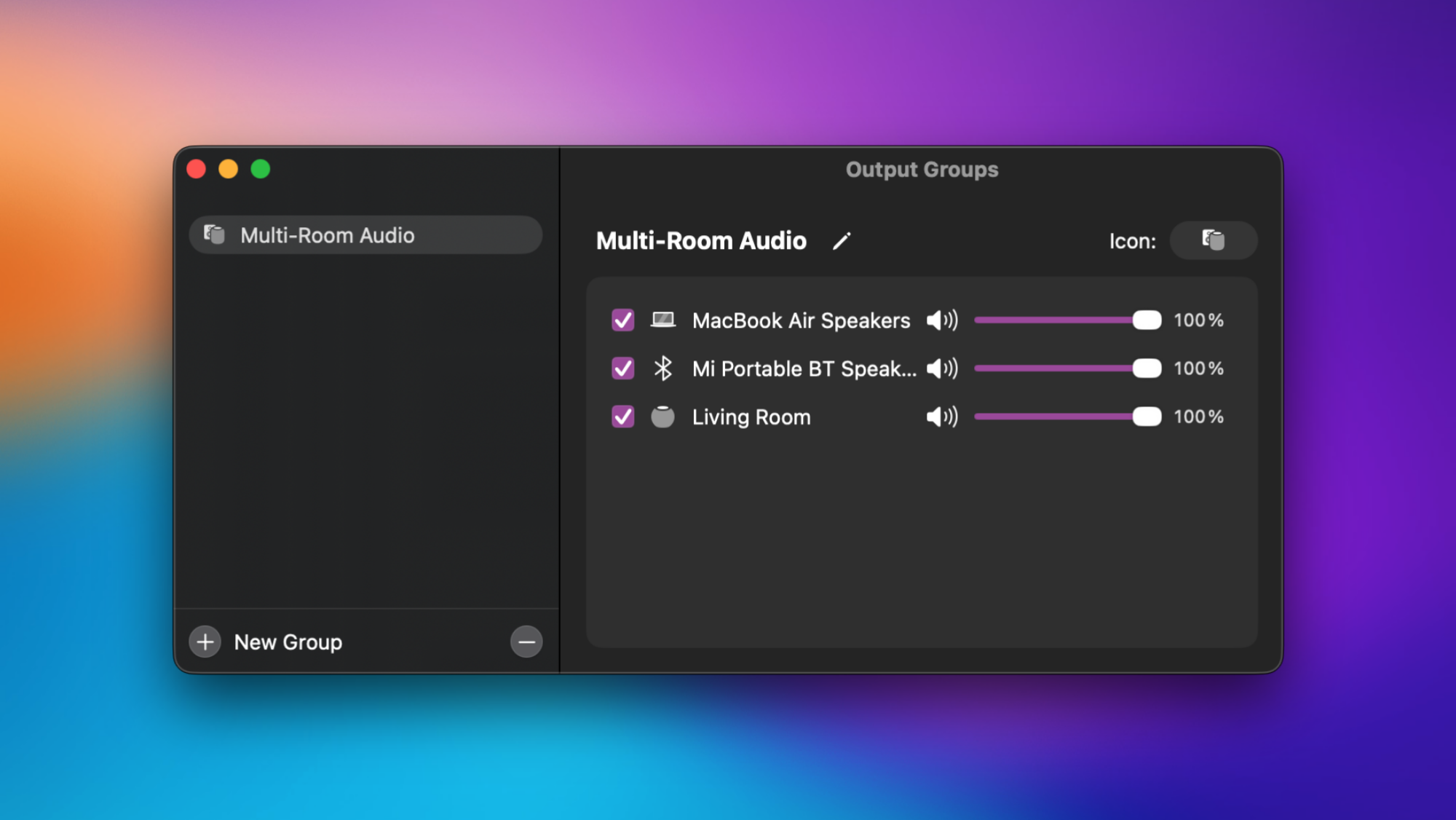 SoundSource on the Mac, showing grouped audio devices