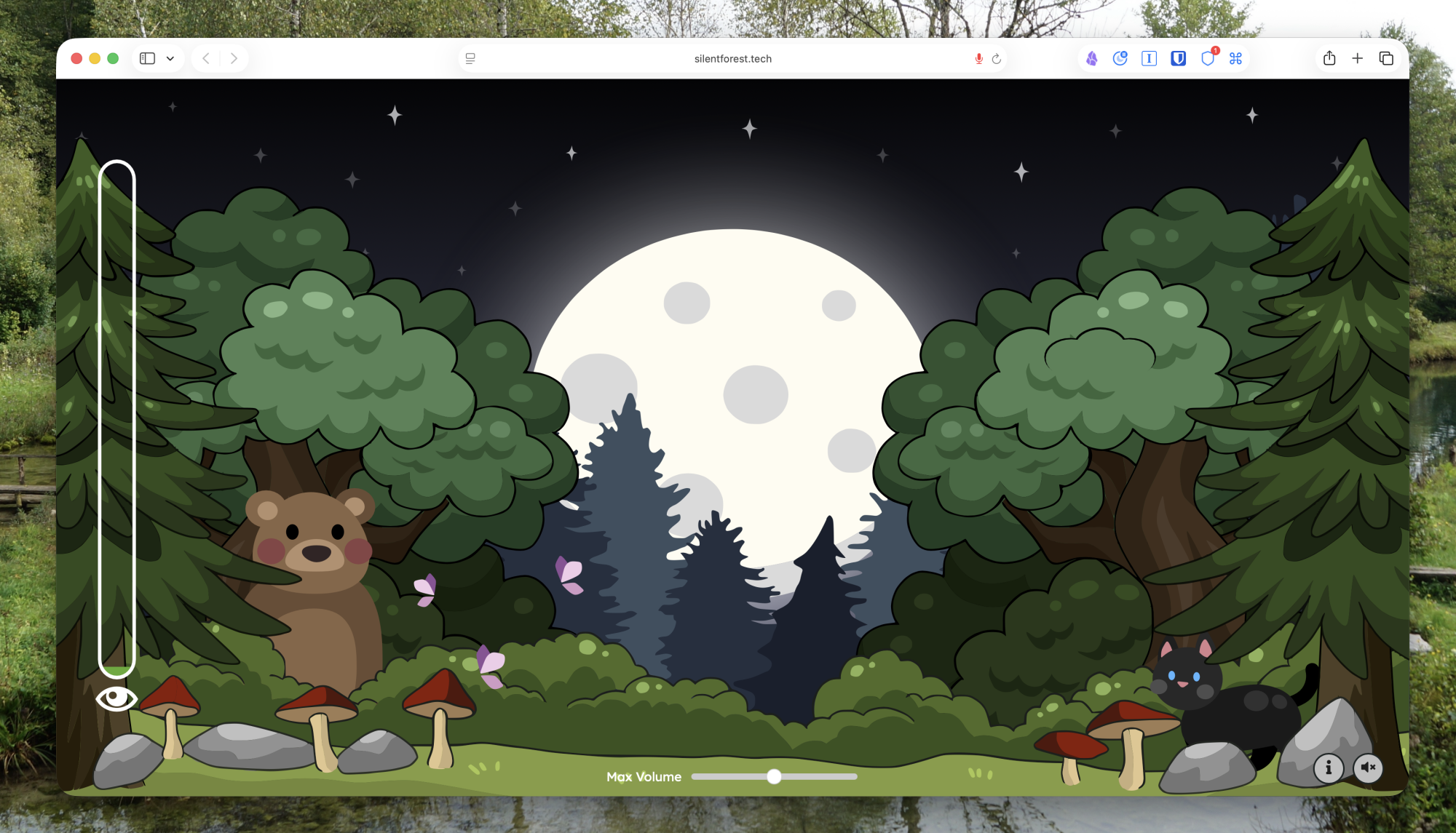A screenshot of Silent Forest featuring an animated forest with a bear and a cat. It's running in Safari on a Mac.