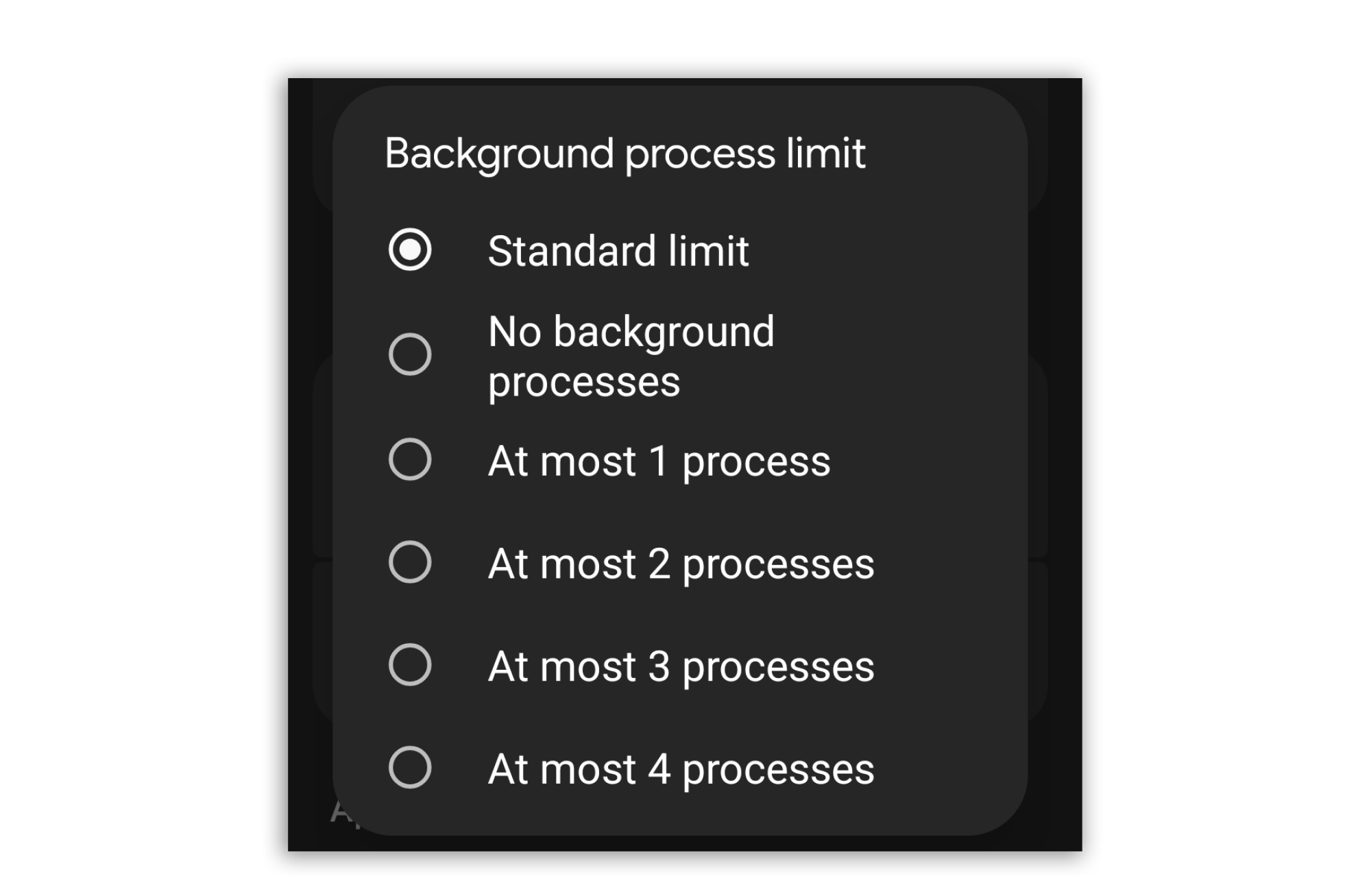 A screenshot showing how to limite background processes in the developer options