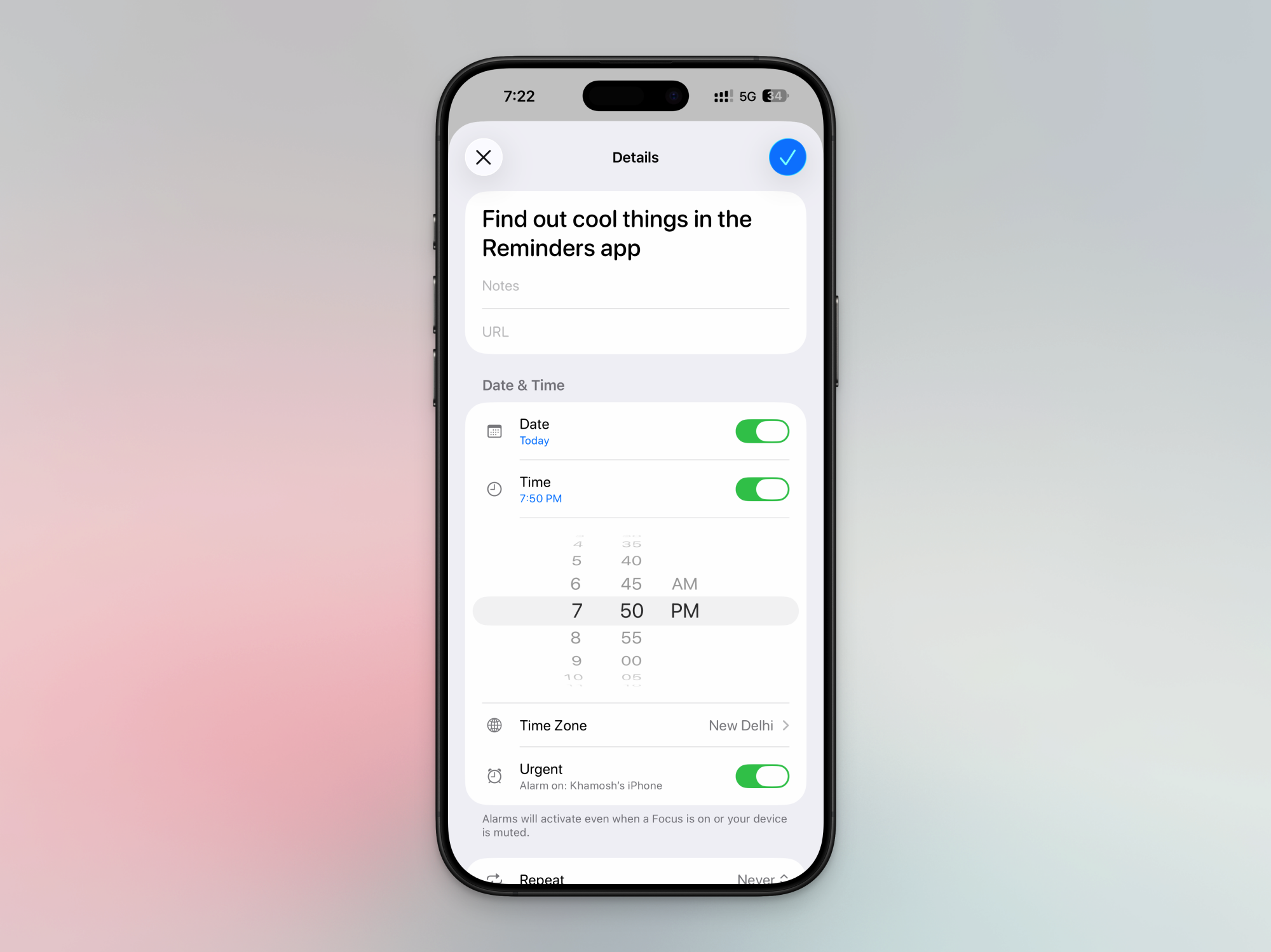 Urgent setting in Reminders app for alarm.