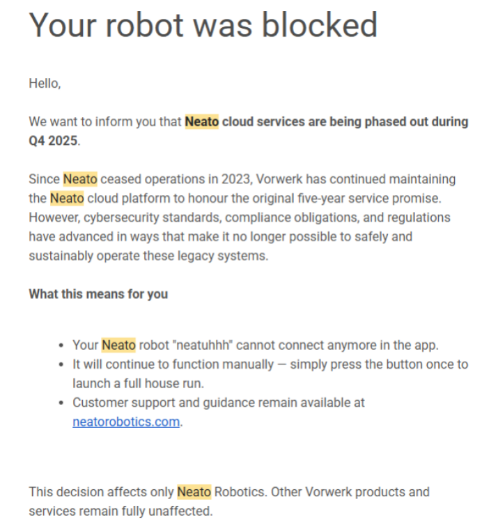 A screenshot of the email Neato send out