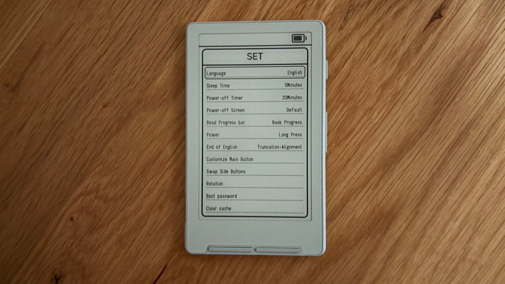 xteink ereader with settings menu open