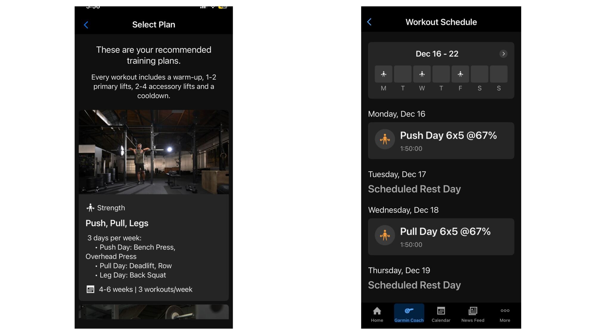screenshots of push/pull/legs program in Garmin Connect app