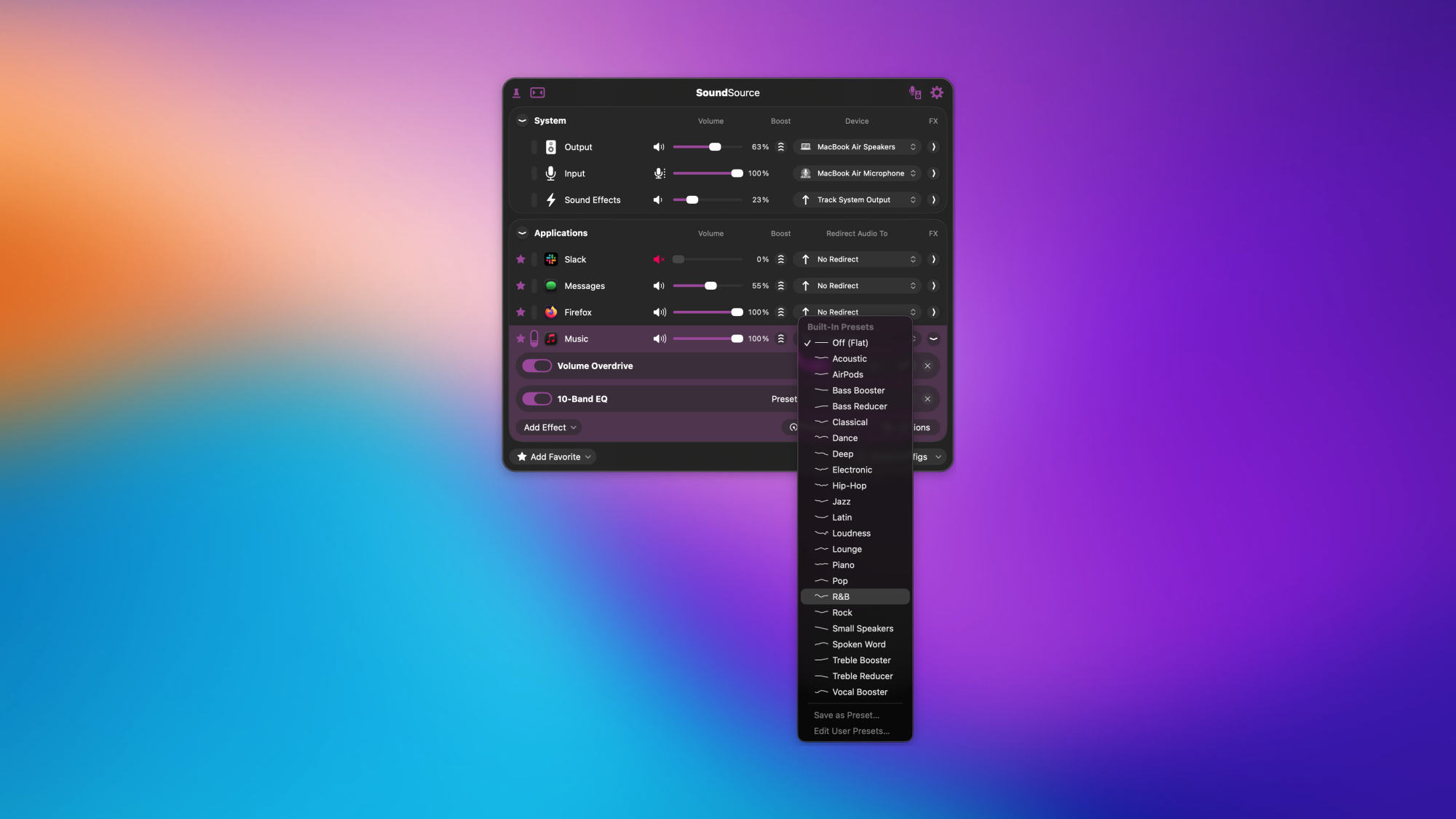 SoundSource on the Mac, with the per-app EQ feature displayed