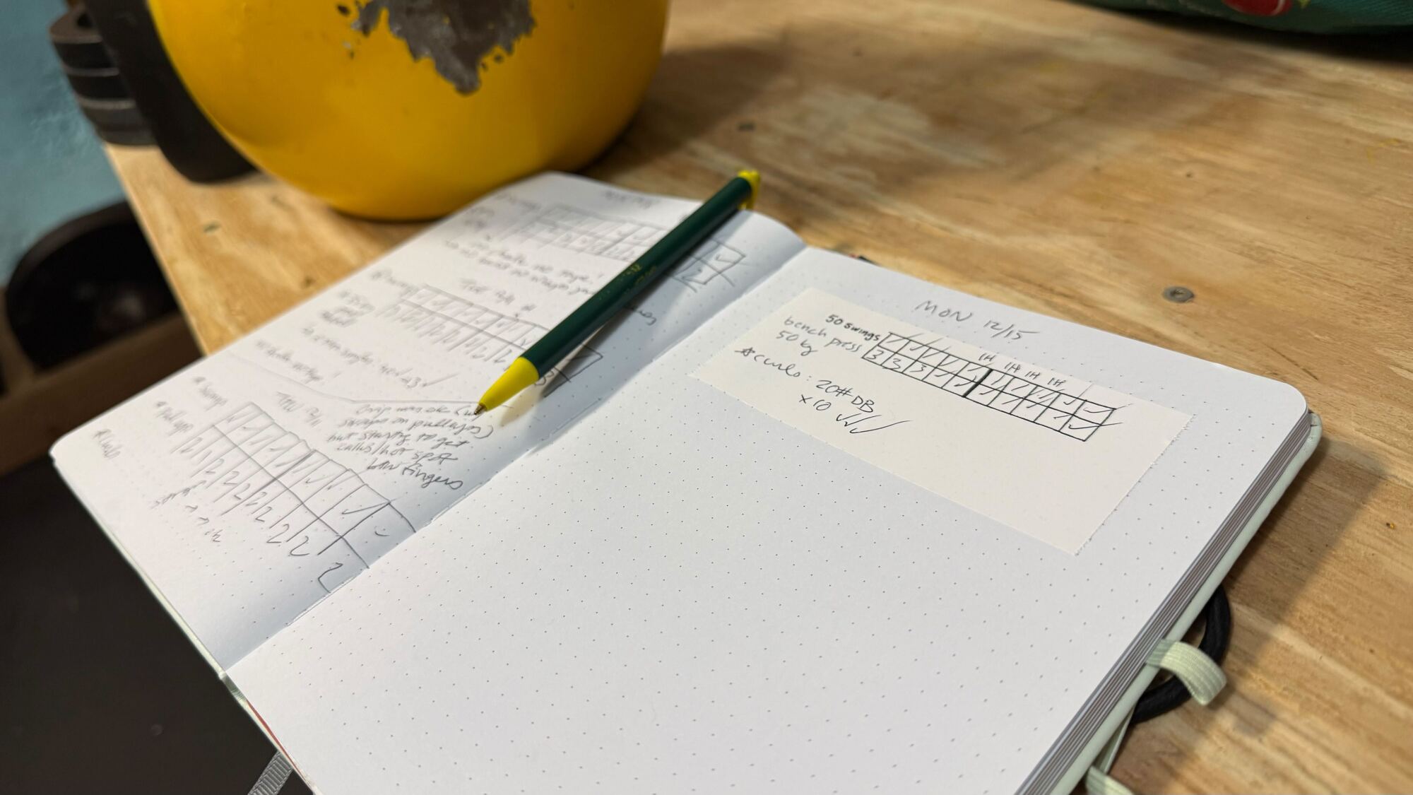 My training journal with hand drawn grids and a printed one