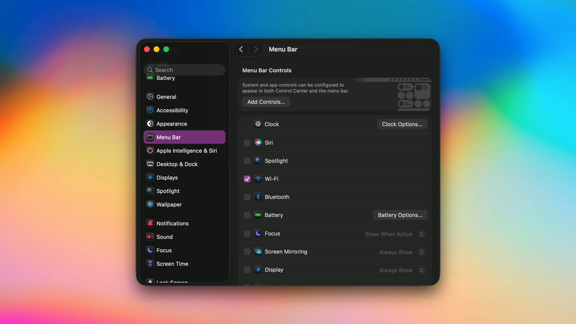 System Settings in macOS Tahoe, showing system control toggles in the menu bar.