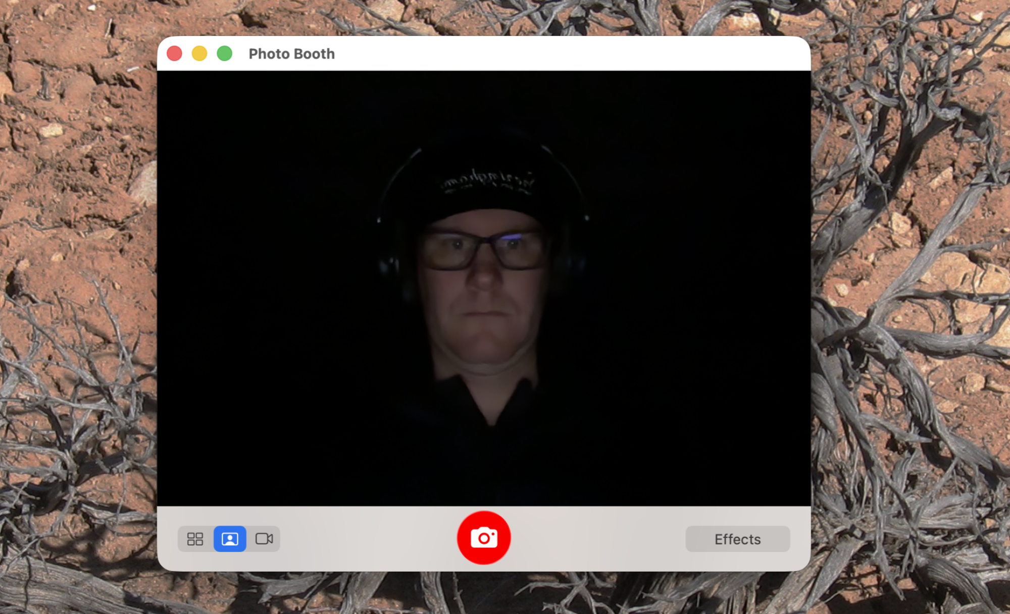 The Photo Booth app showing a dark picture of the author