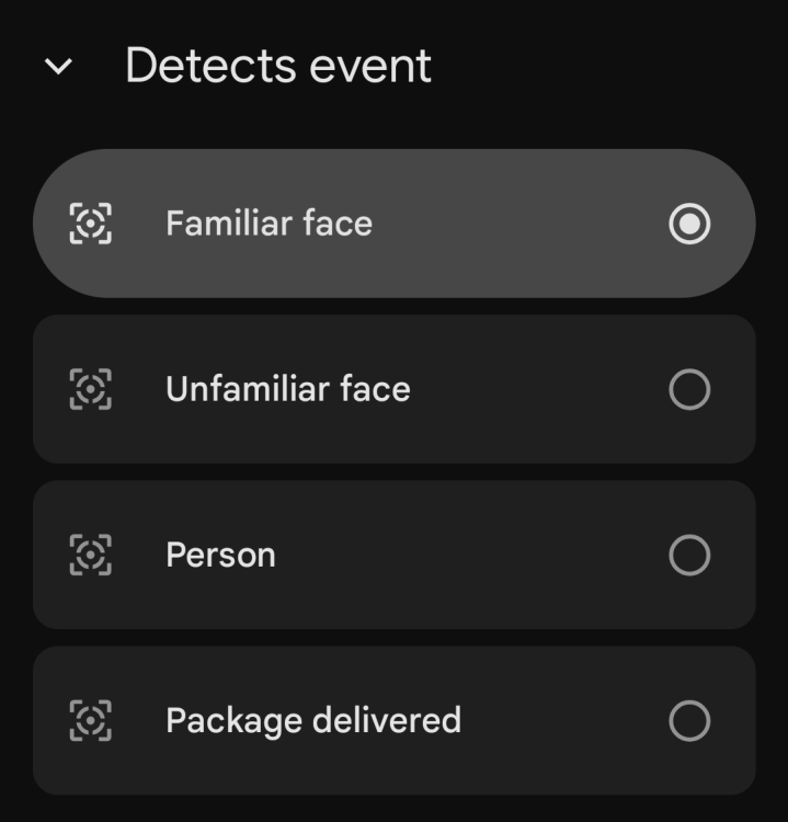 A screenshot of the option to detect events on a Nest camera