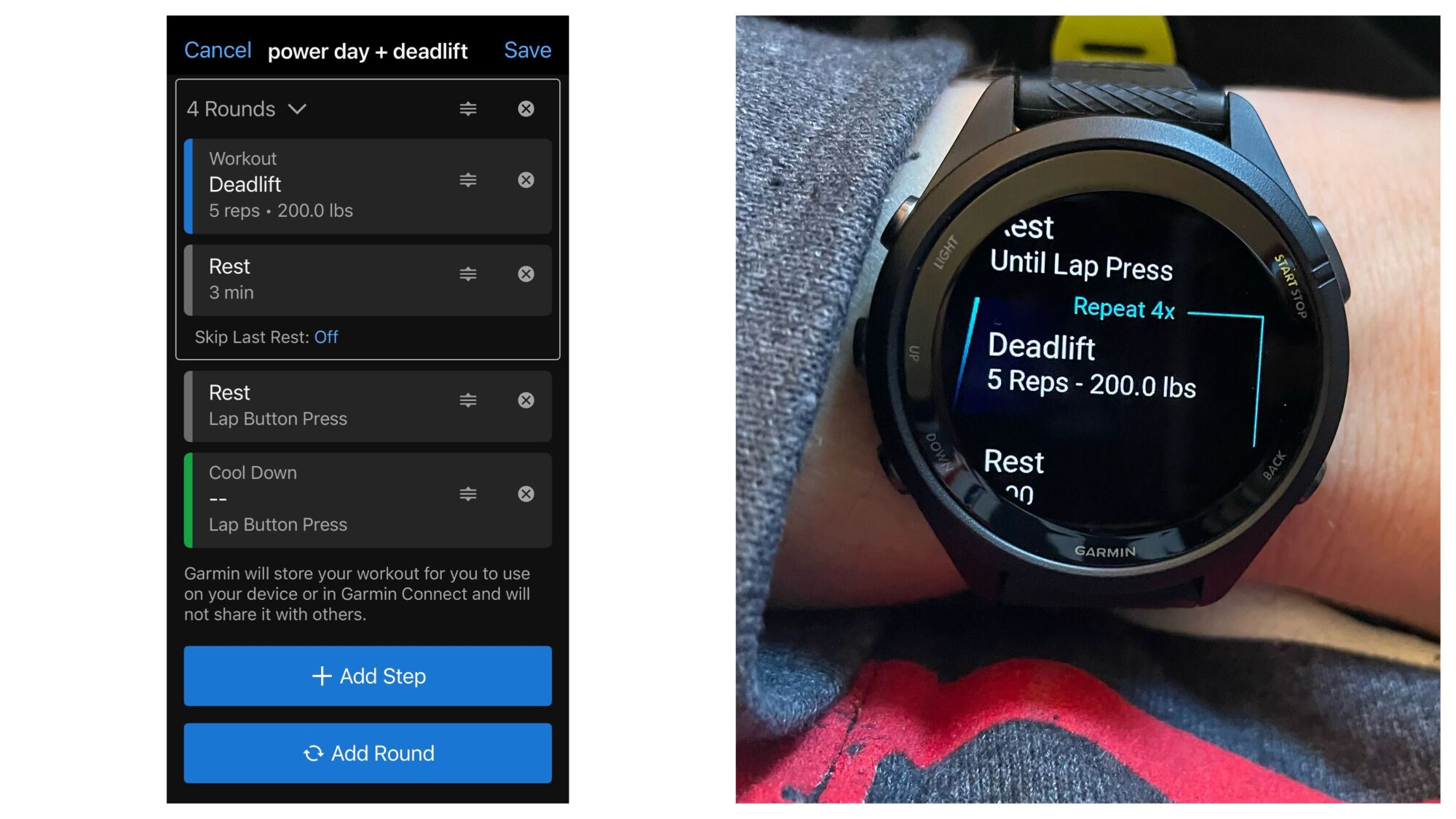 screenshot of a workout in the Garmin Connect workout builder, and then the same workout displayed on the watch
