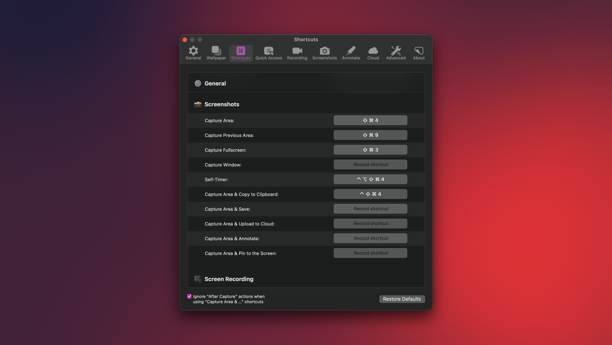 CleanShot settings on a Mac.