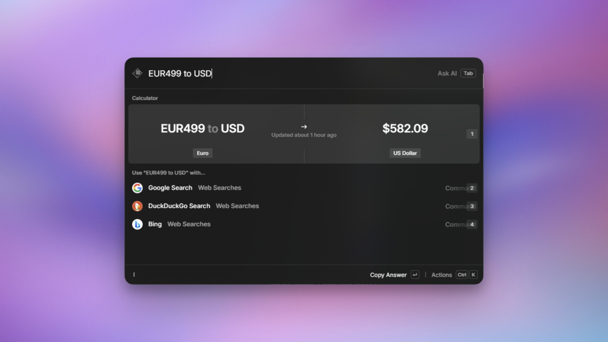 Raycast for Windows, showing currency conversion.
