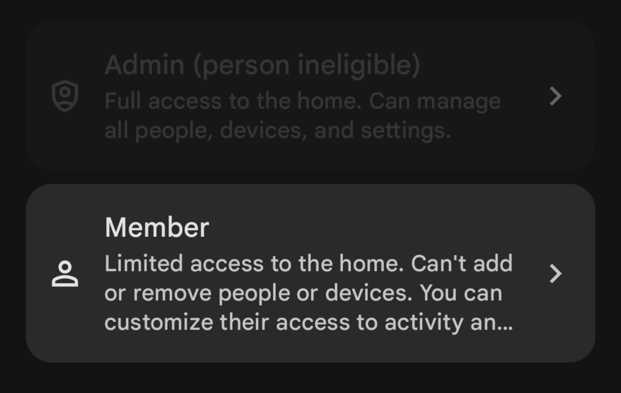 A screenshot of the option that pops up to add a "member" in the Google Home app
