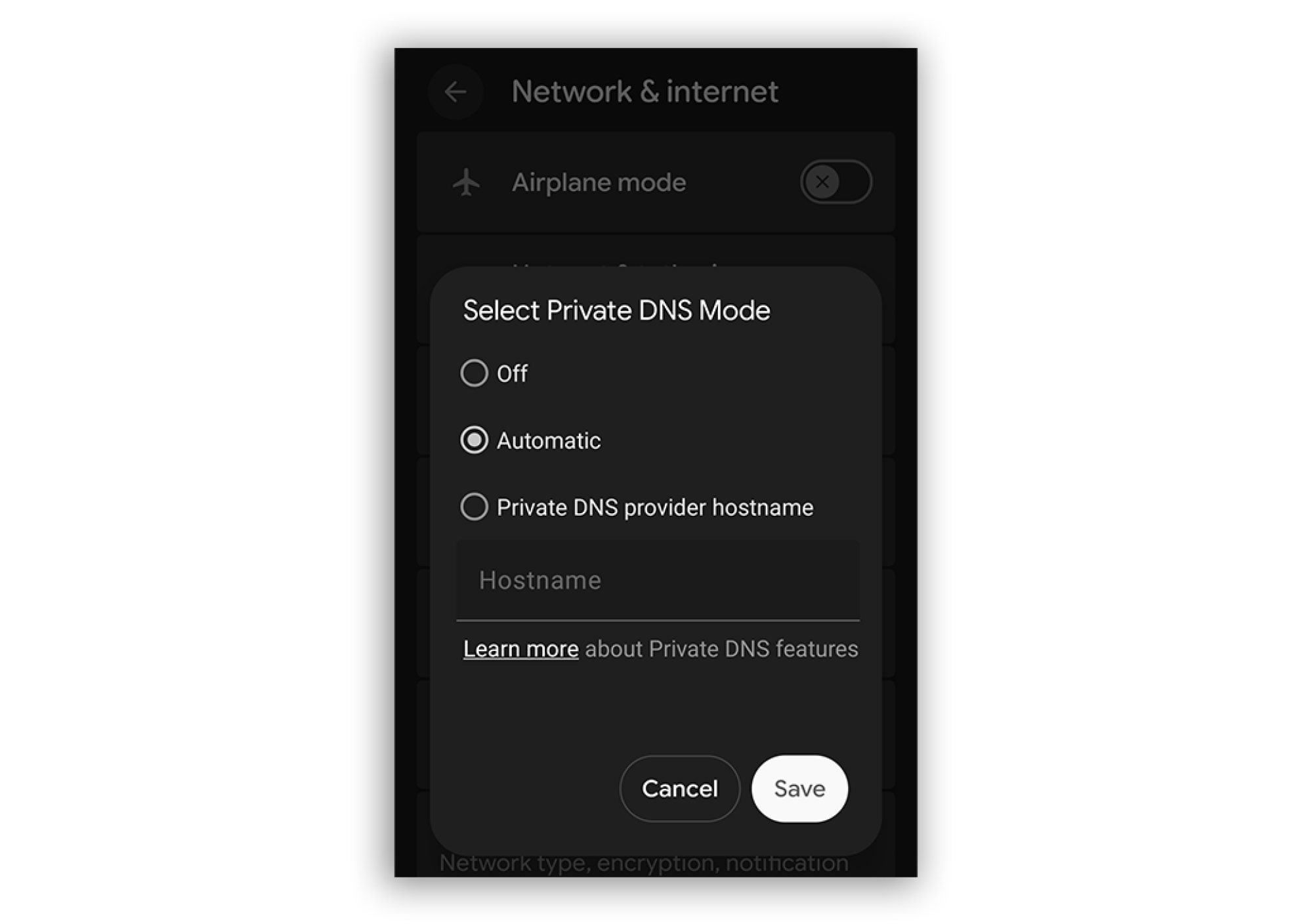 A screenshot showing where the private DNS option lives in the android settings panel