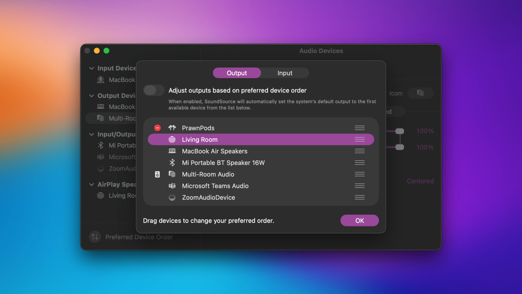 SoundSource on the Mac, with the device order settings page displayed