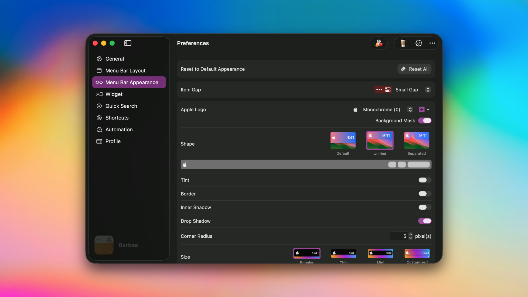 Barbee app's settings page on a Mac.