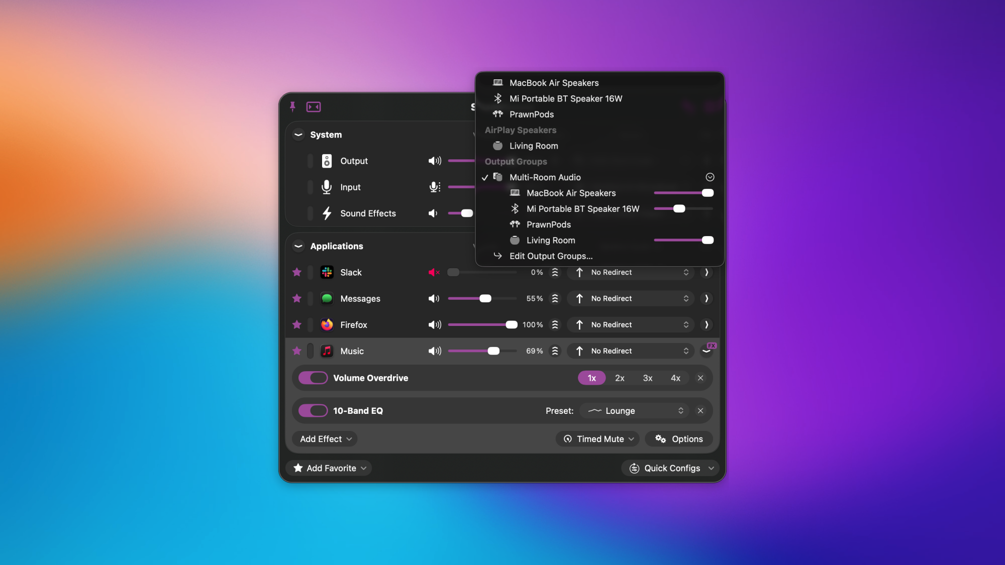 SoundSource on the Mac, showing AirPlay speakers
