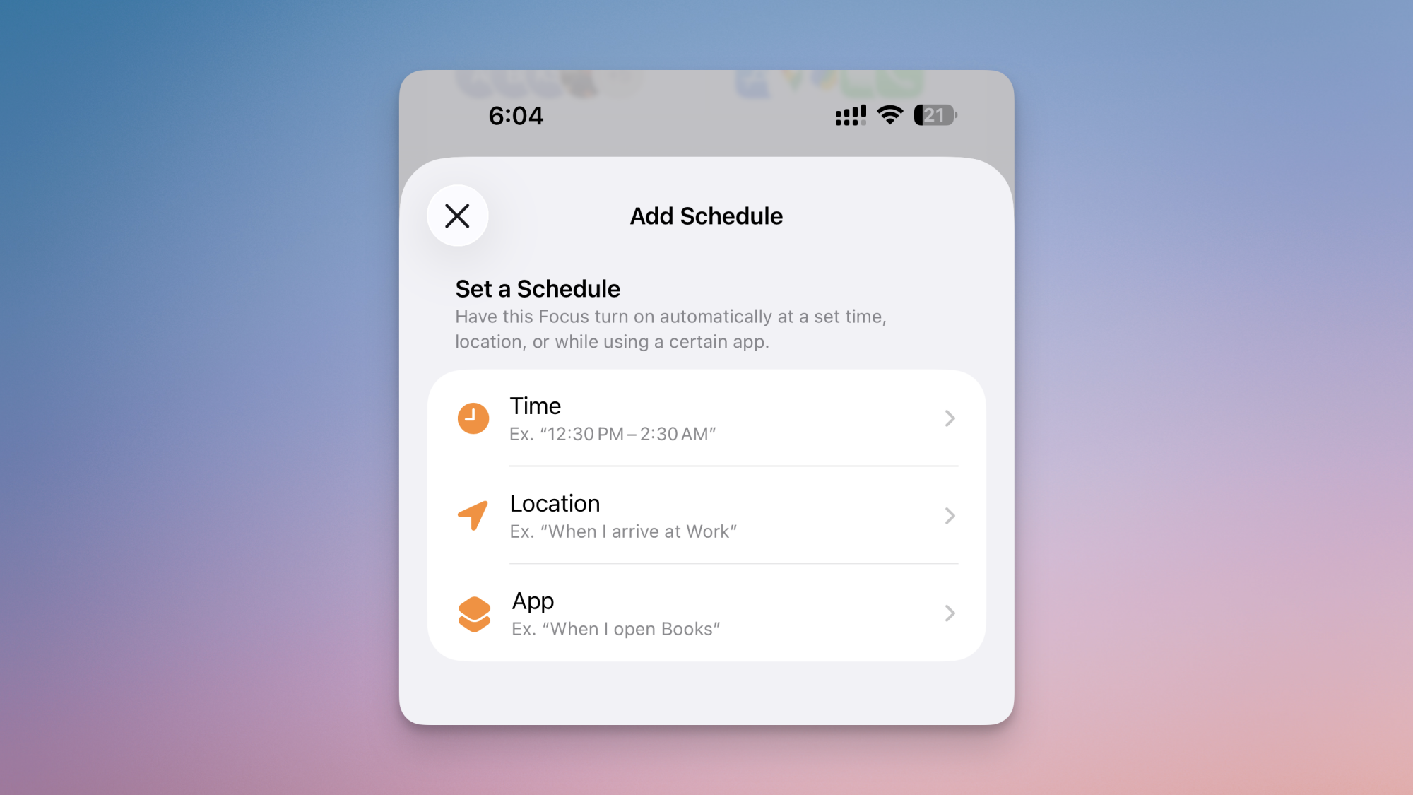 Custom schedule Focus mode.