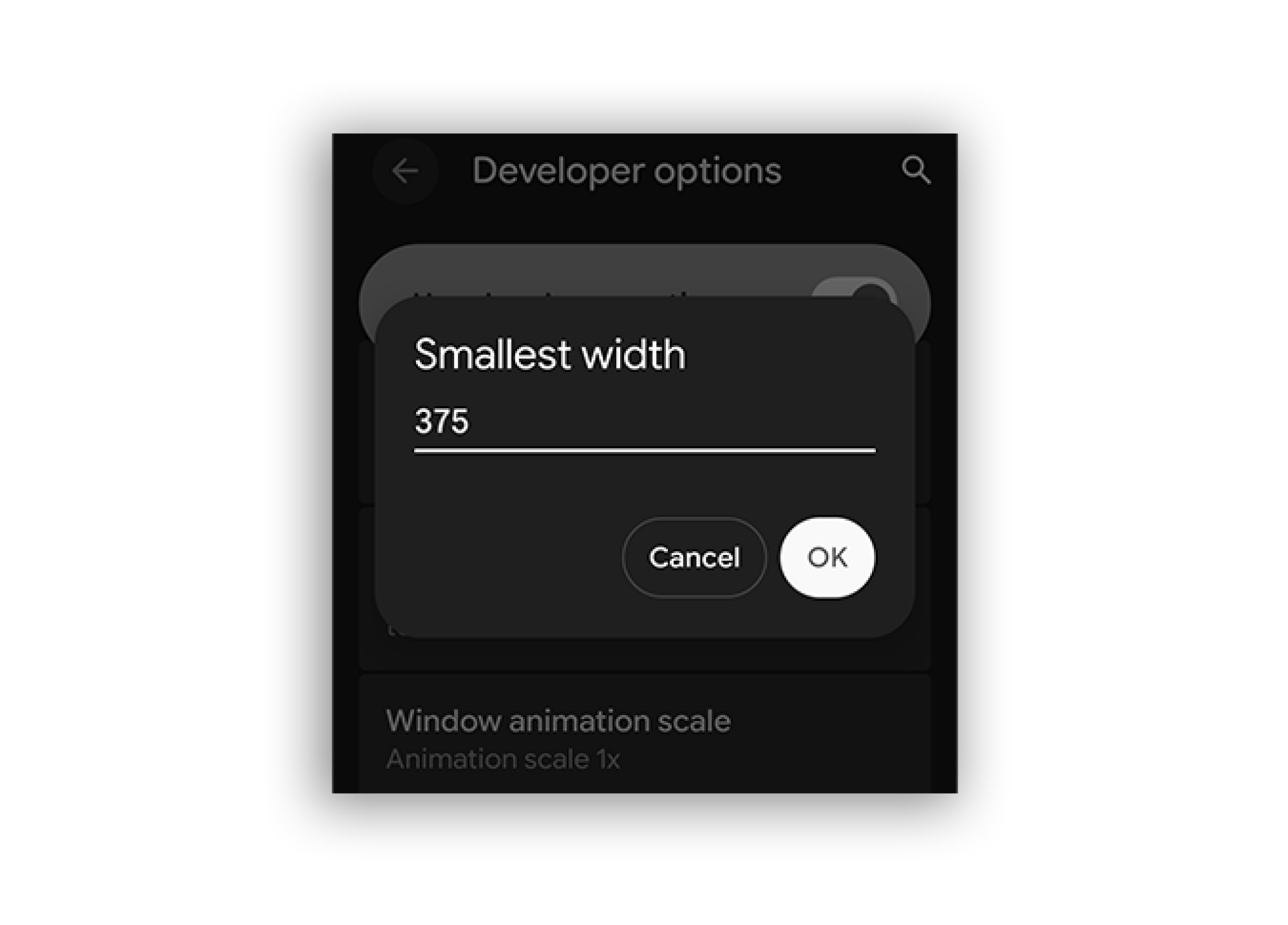 A screenshot showing the ability in the developer options to upscale DPI