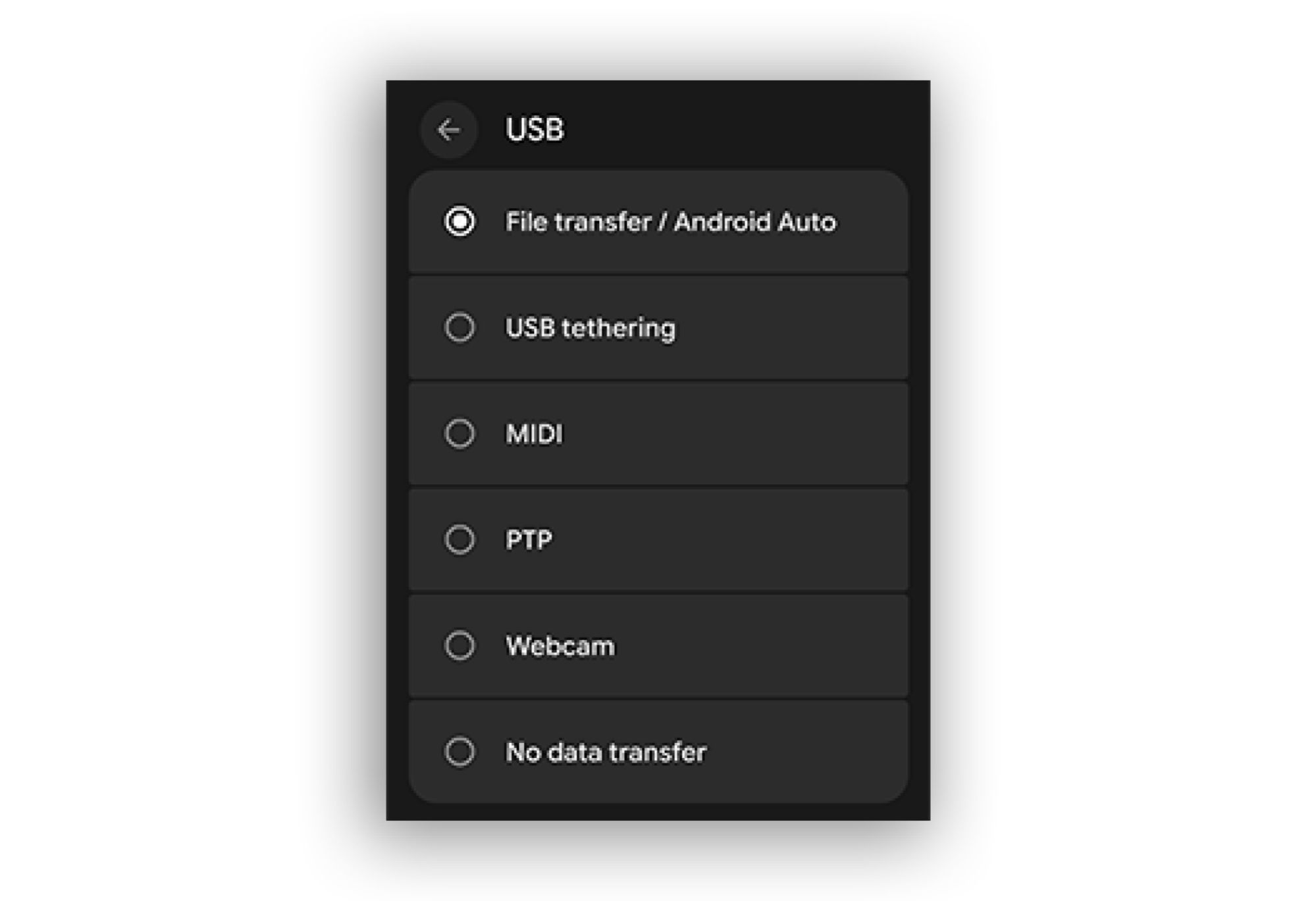 A screenshot showing how to select default USB behavior