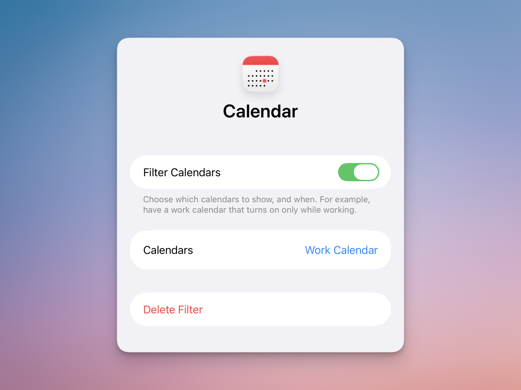 Calendar filter in Focus mode.