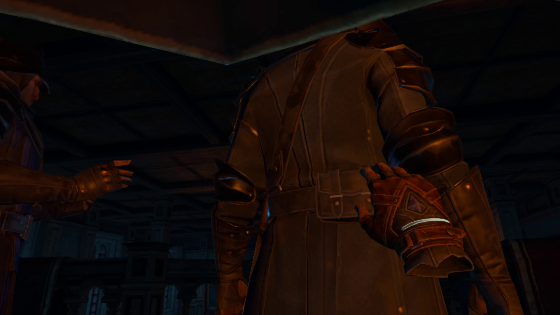 The player sneaks up on two guards, reaching for the one's coinpurse on their back.