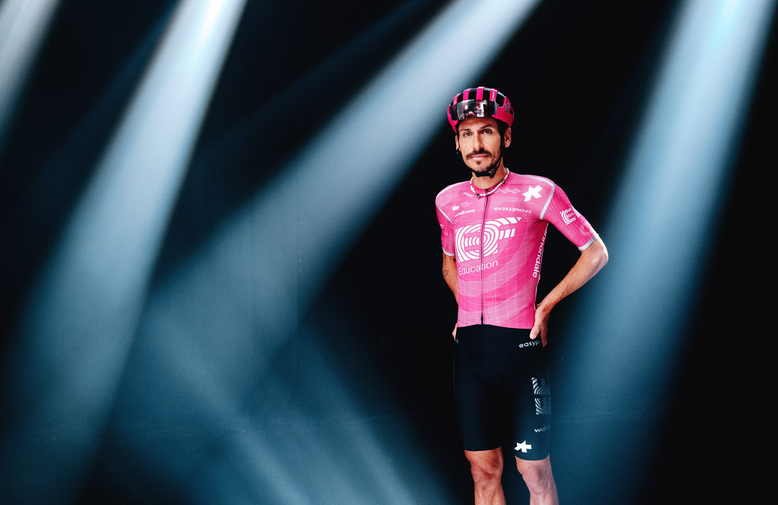 Lachlan Morton modelling the 2026 Assos / EF Pro Cycling team kit