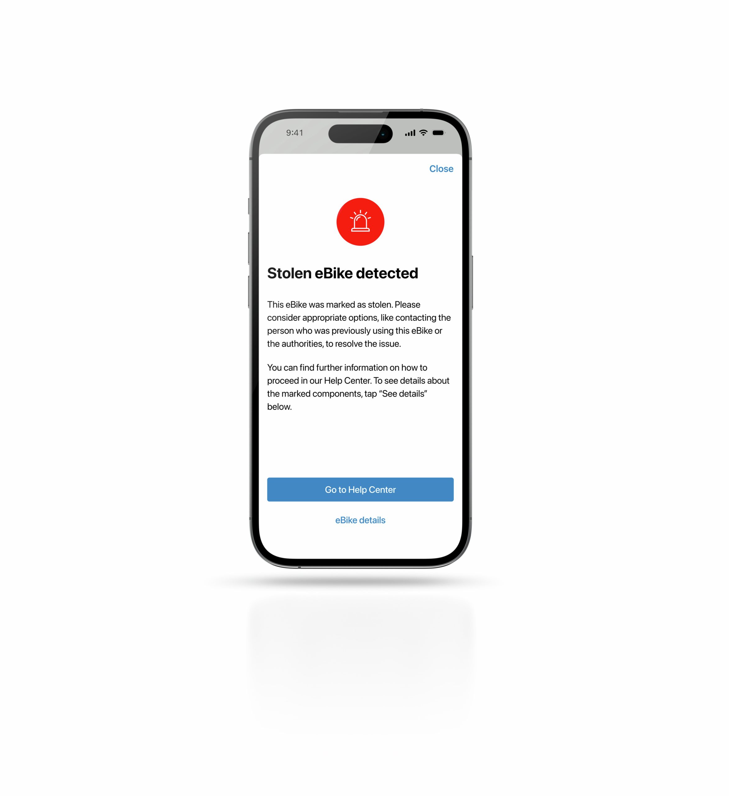 Screen of Bosch app that says "Stolen ebike detected".