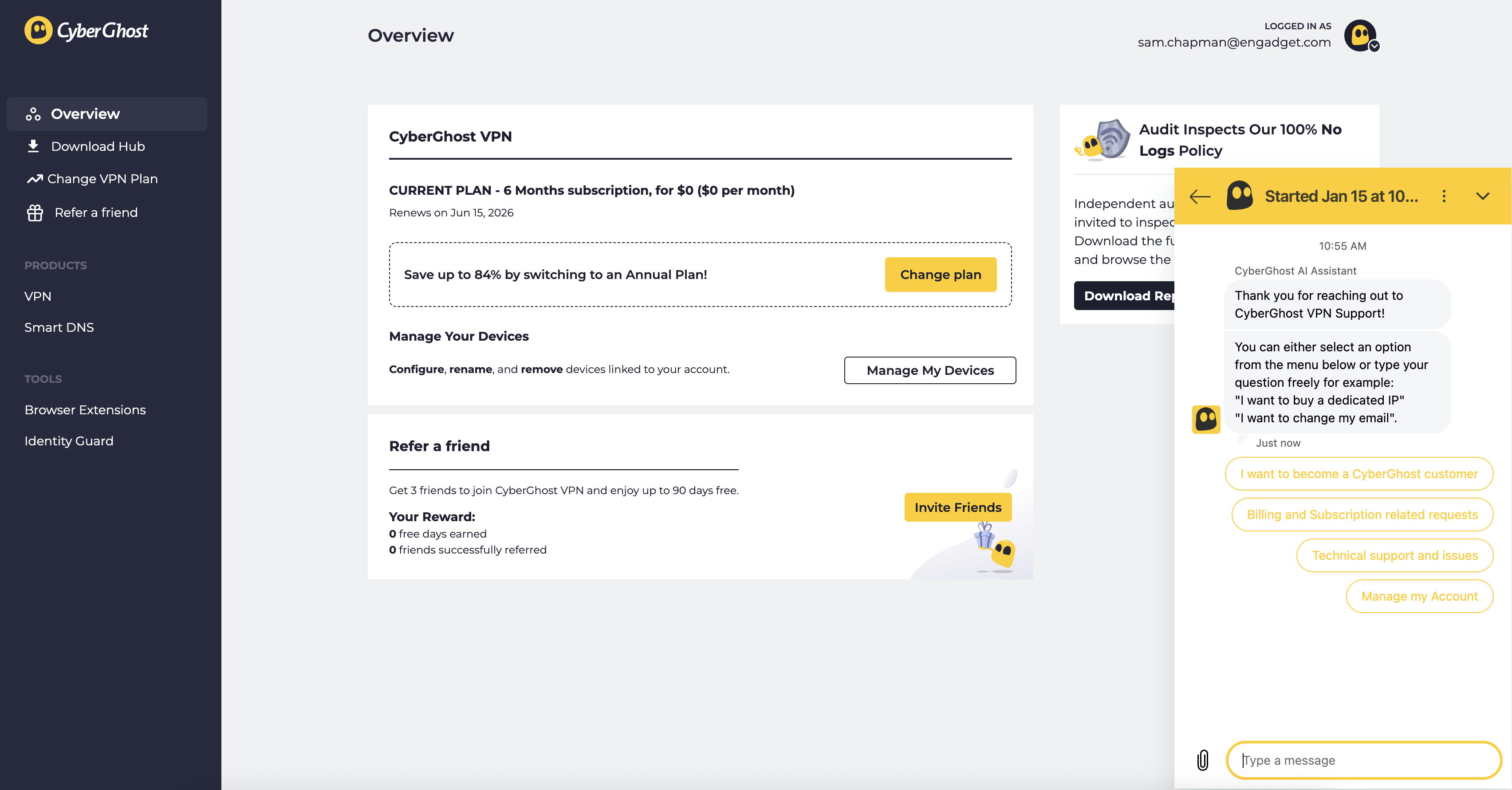 Start a live chat conversation by clicking the live chat button at the bottom-right of any screen on CyberGhost's website.