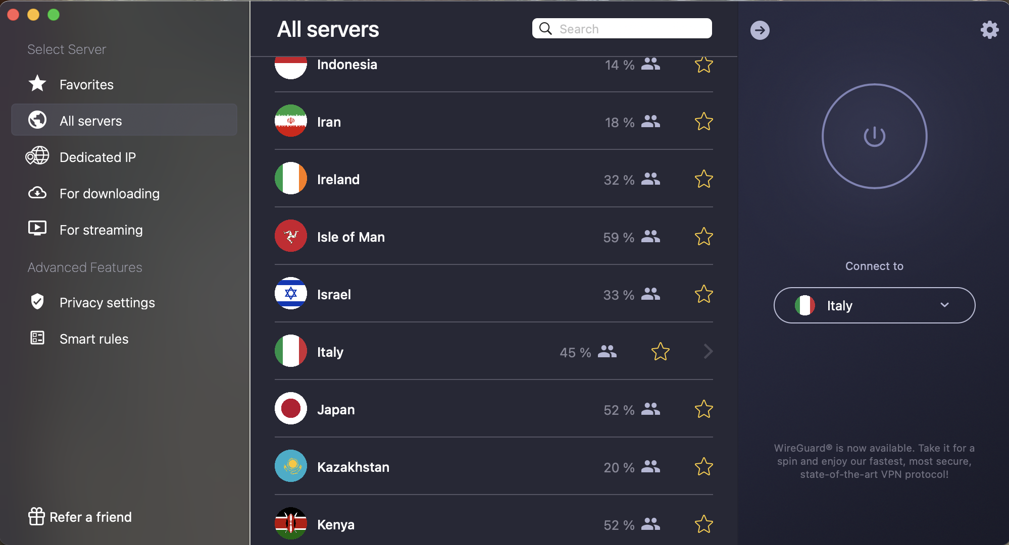 CyberGhost's selection of VPN servers.