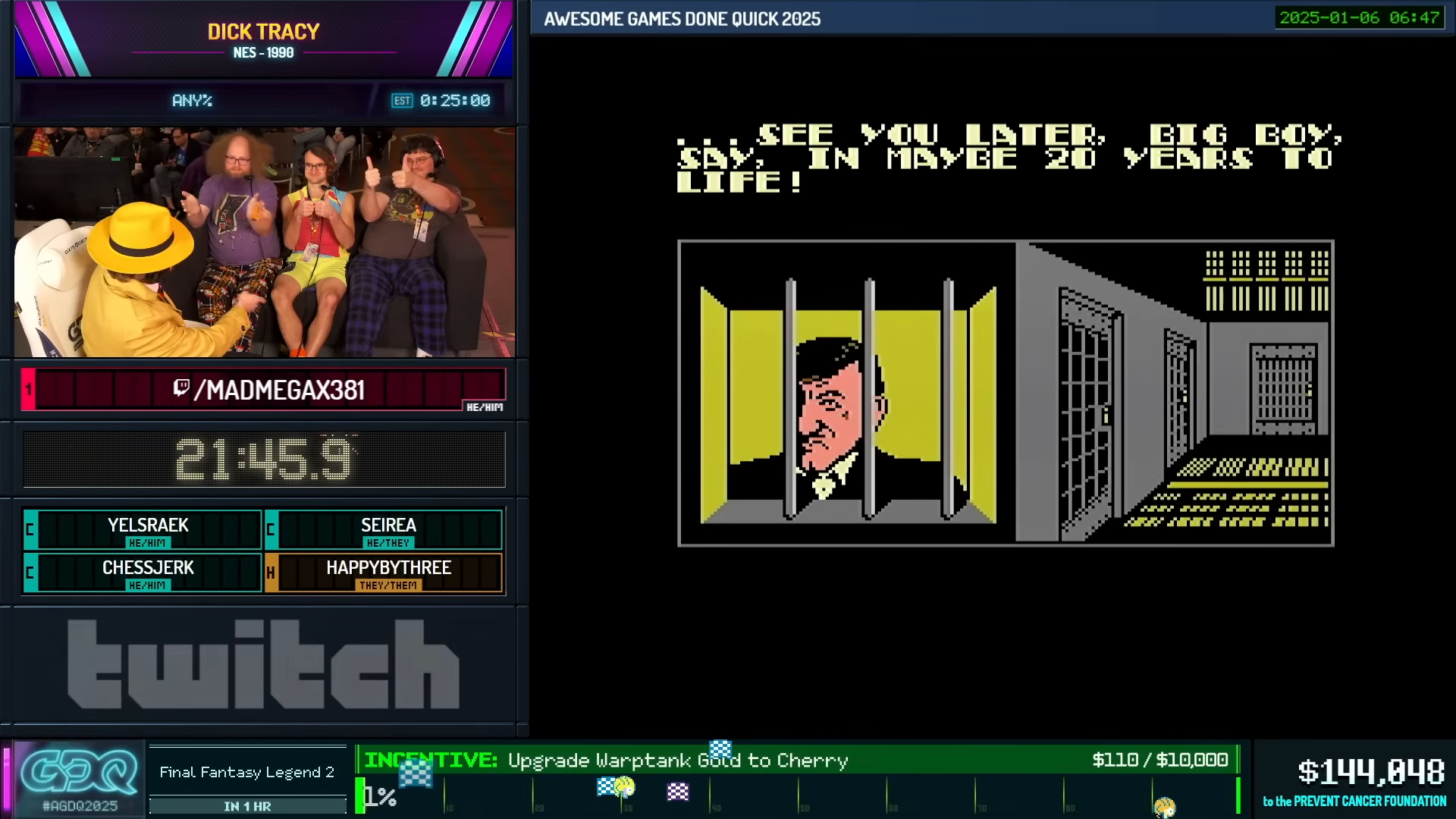 Screen grab of a speedrunning Twitch stream. A Dick Tracy game, overlaid with a live view of the speedrunners — including one dressed like Dick Tracy.