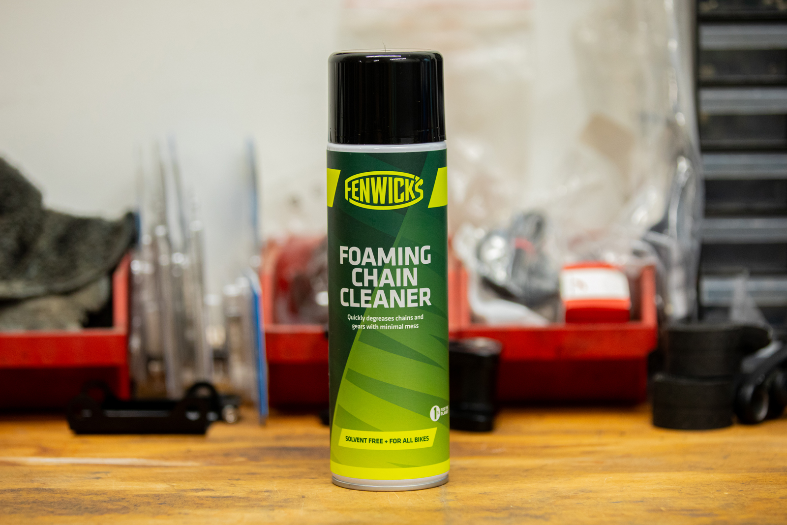 Fenwicks Foaming Chain Cleaner on work bench.
