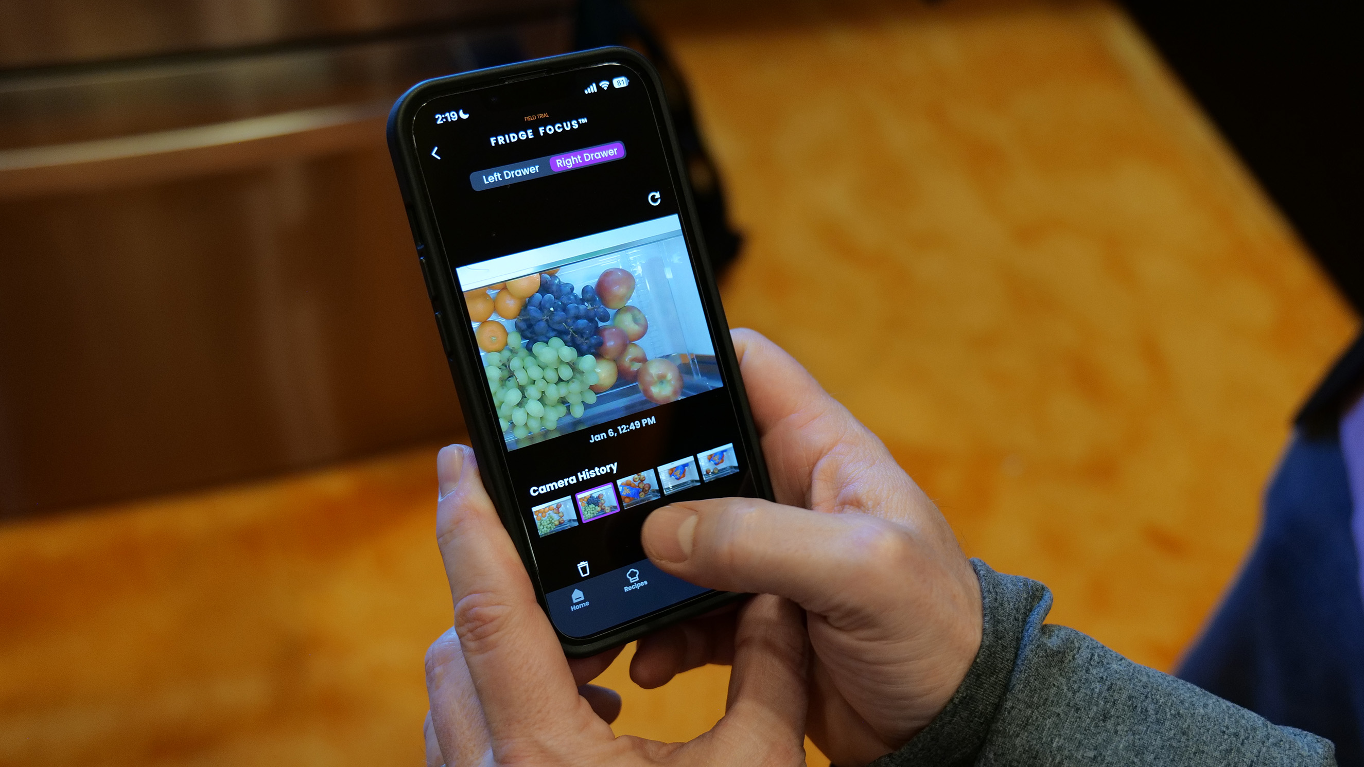 Checking out what's in the crisper drawer using the Fridge Focus feature. 