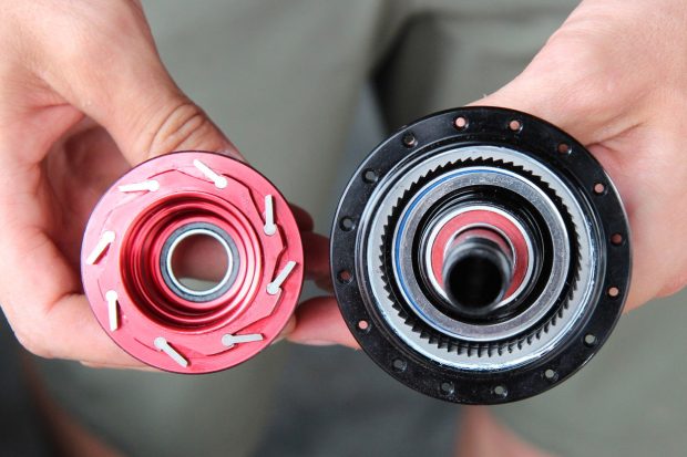 Image of pawls on freehub and ratchet ring on hub