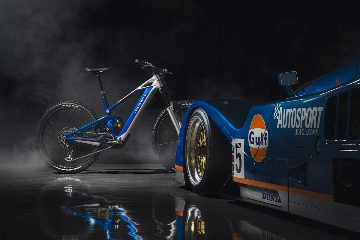 Mondraker Crafty Unlimited Gulf Edition collab with car close up