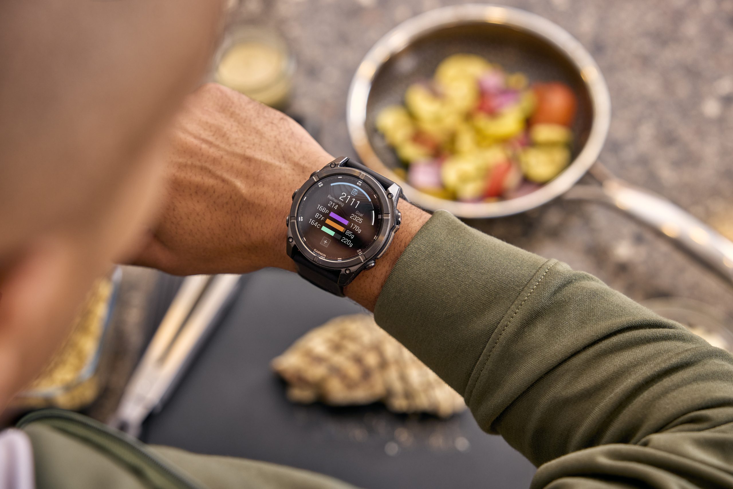 Smartwatch screen showing Garmin nutrition tracking feature.