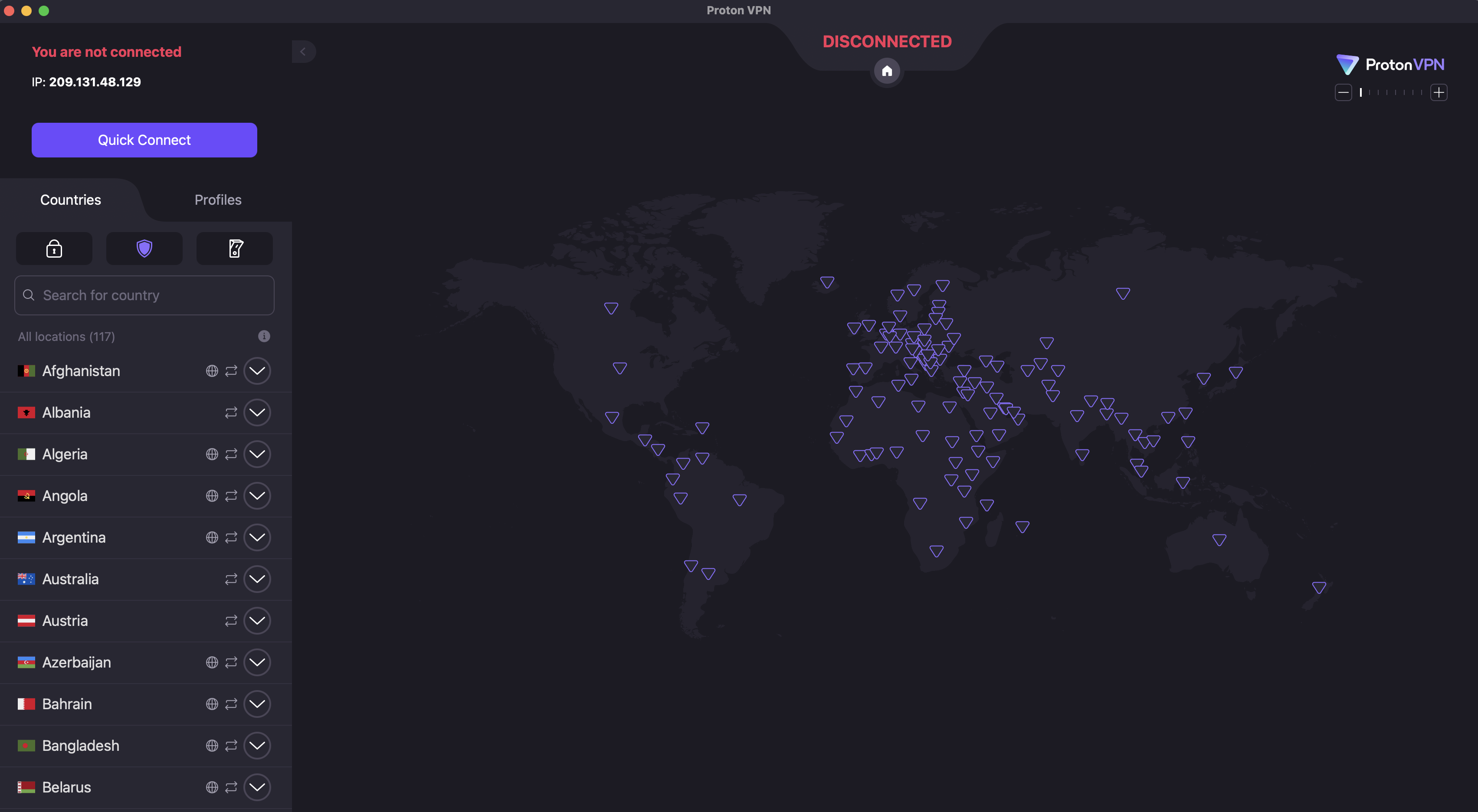 The main UI for Proton VPN, with the connection button visible at top-left and the server location menu below it.