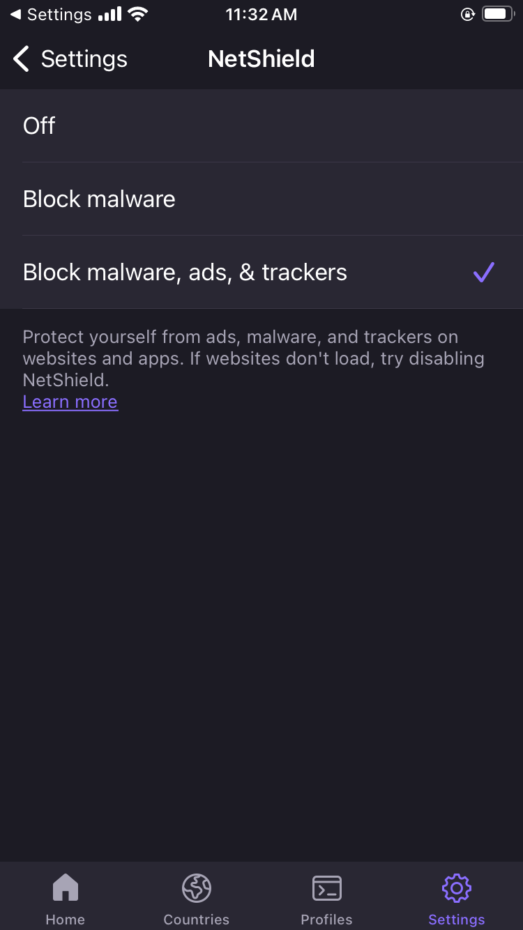 Proton VPN's NetShield content blocker on iOS.