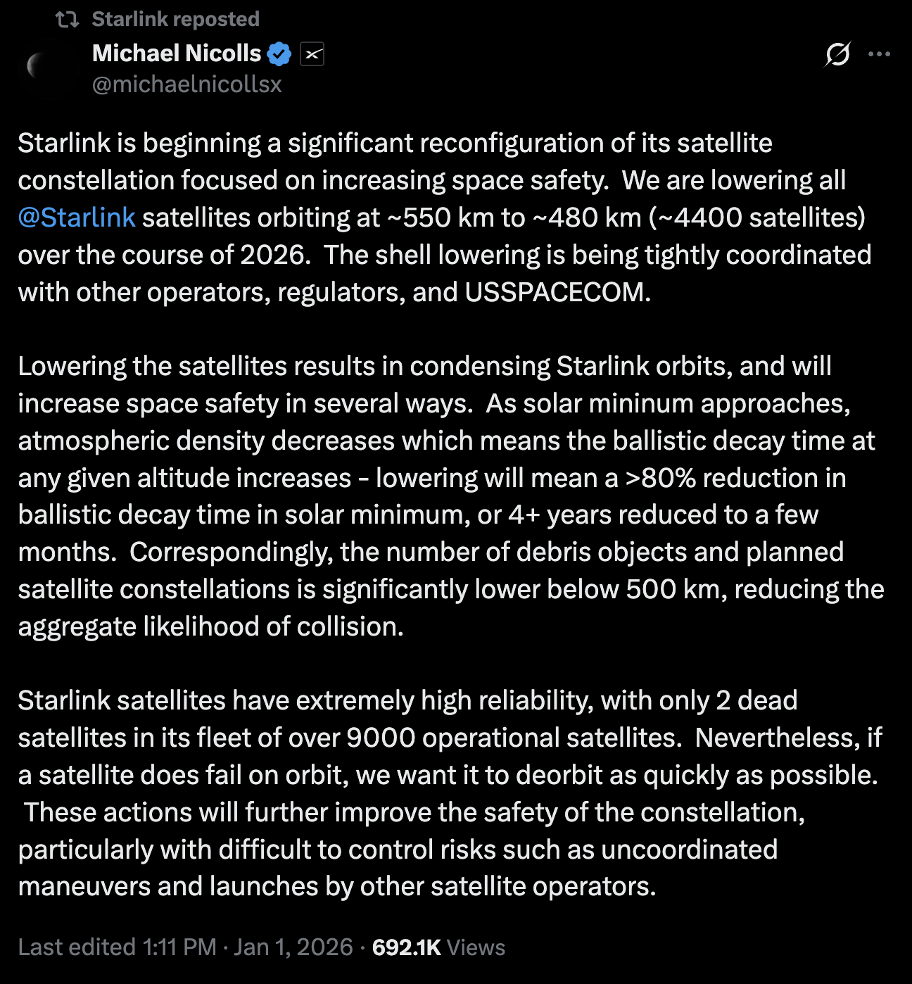 A screenshot of the X post by Starlink VP of engineering Michael Nicolls