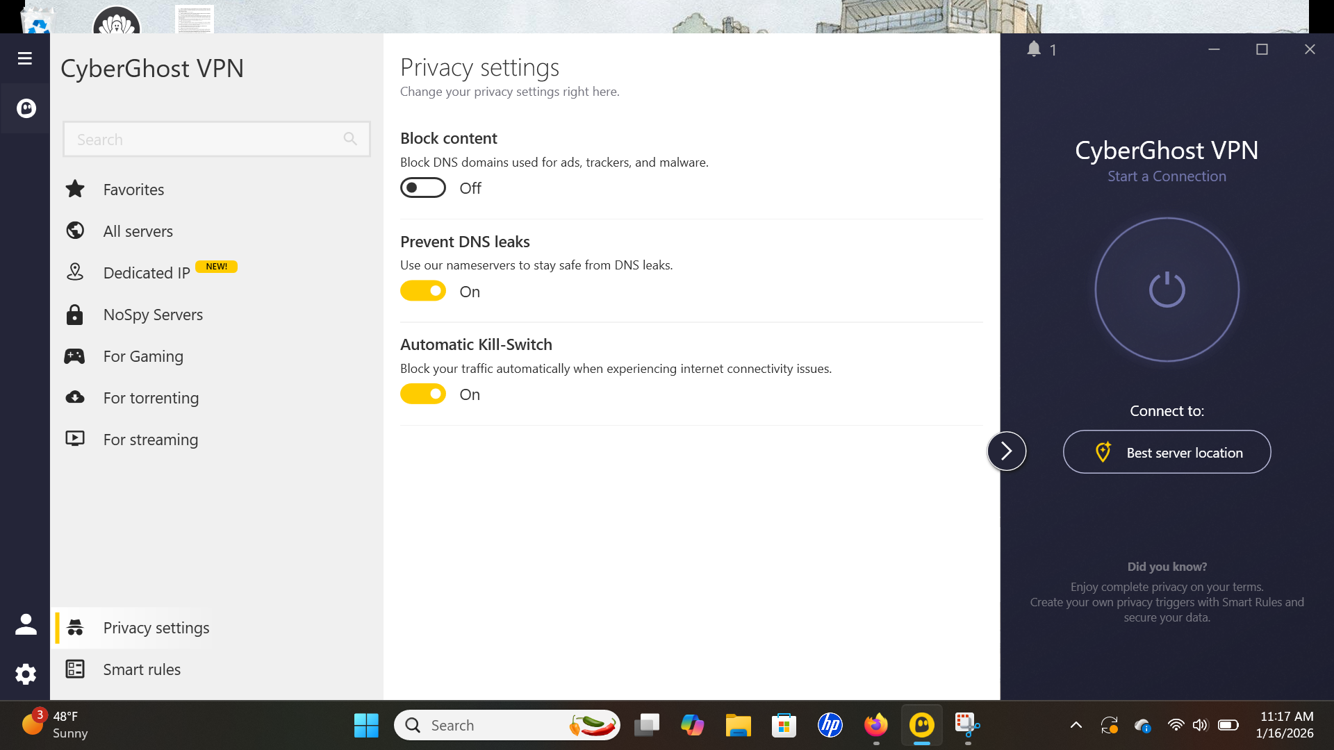 There's no customization on CyberGhost's blocker -- just turn it on or off.
