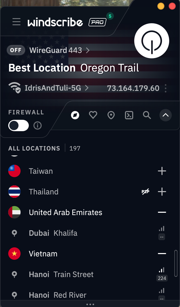 Windscribe's server selection list on the Mac app.