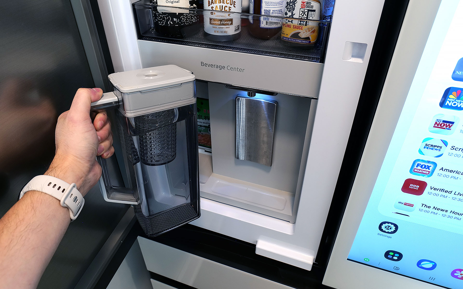 Samsung's Beverage Center is one of the best fridge innovations and years. It includes both a water dispenser and a built-in pitcher that refills itself automatically. 