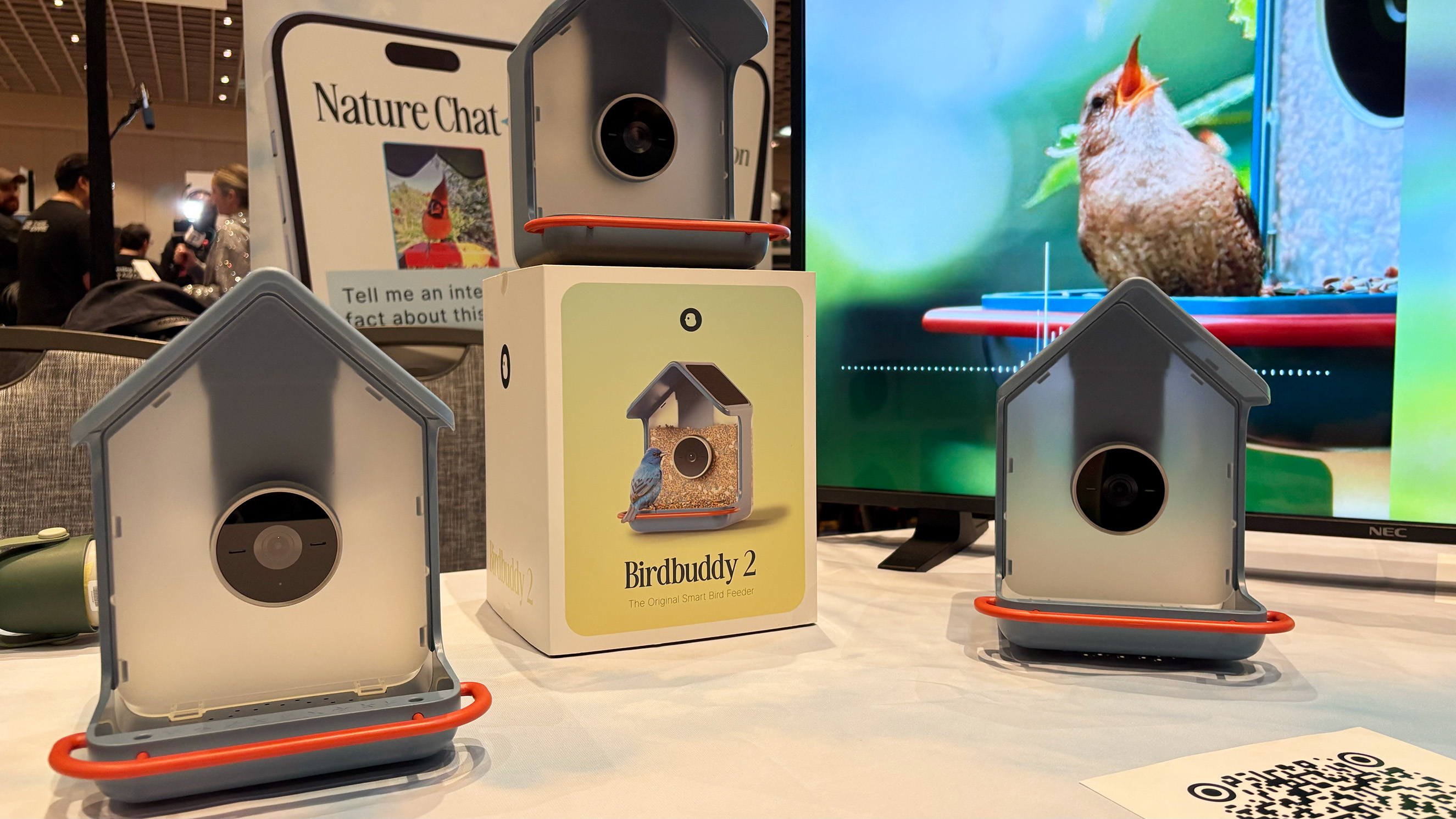 Two new Birdbuddy smart bird feeders displayed at CES.