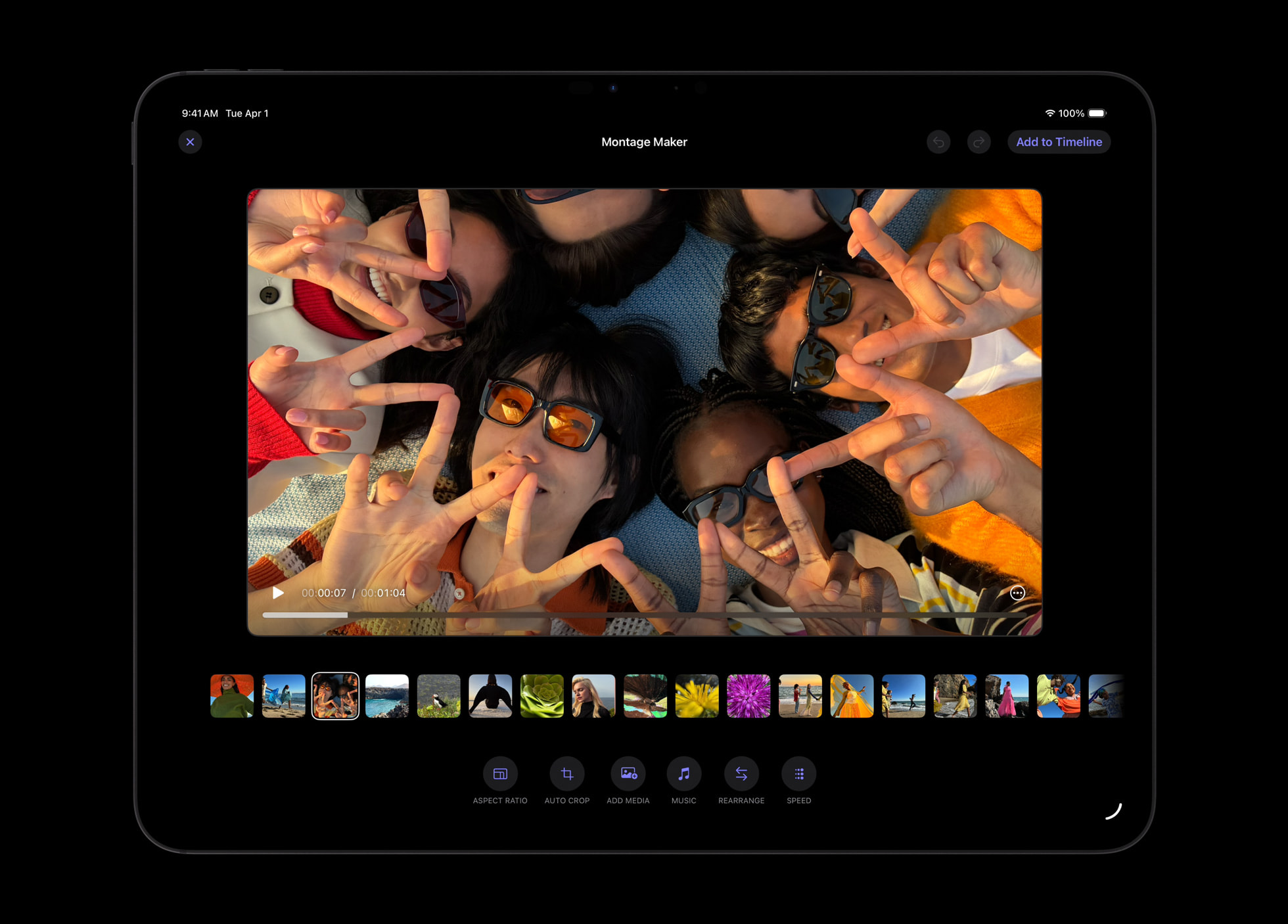 The Montage Maker tool in Final Cut Pro on an iPad.