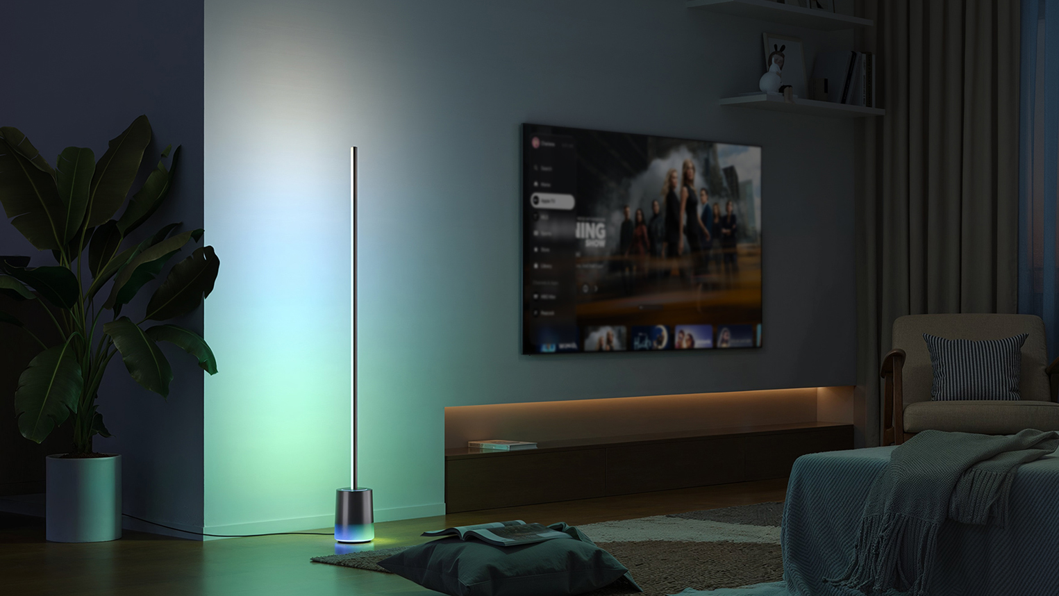 Product lifestyle marketing image. A futuristic-looking floor lamp casts subtle gradients of blue, green and white onto an otherwise dark living room.