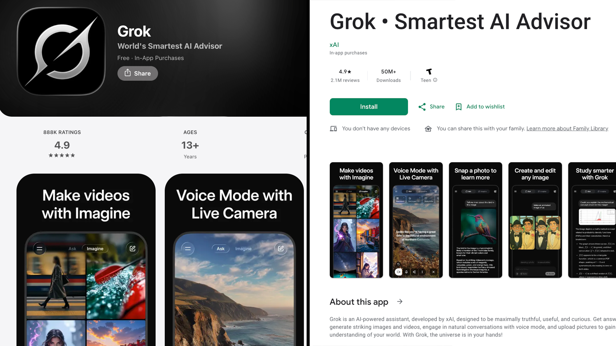 Grok - App Store and Play Store listings