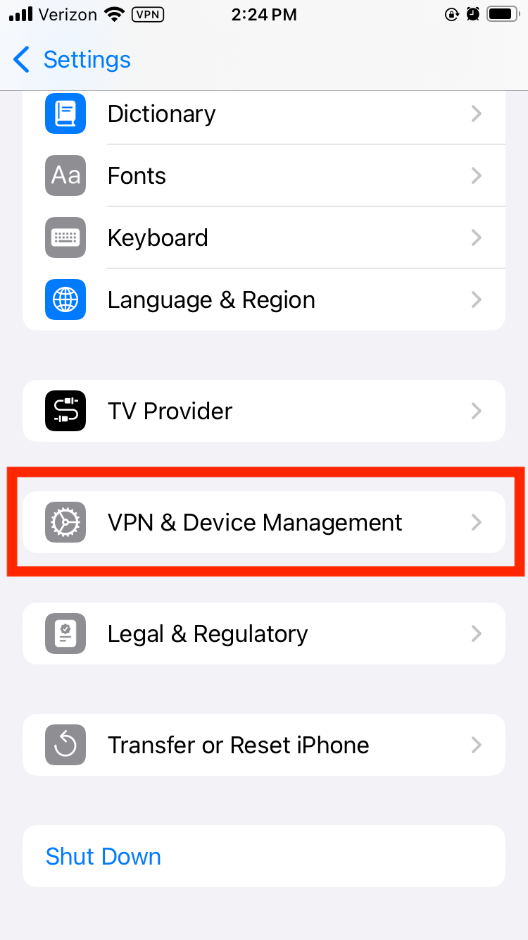 Location of the VPN settings on iOS.