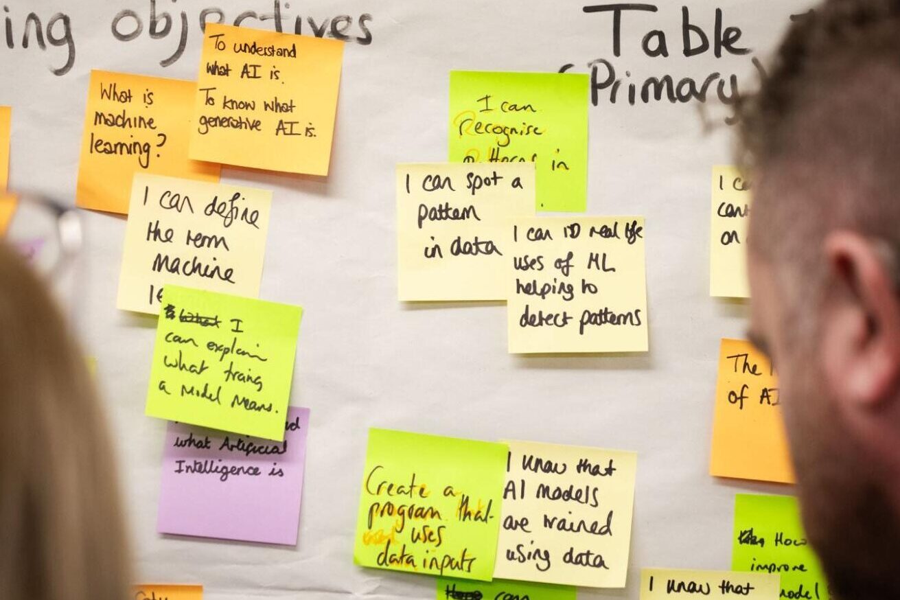 Educators collaborating using post-it notes, planning currciulum.