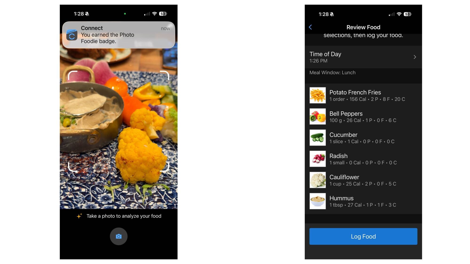 Screenshots of the Garmin Connect+ app showing nutrition logging