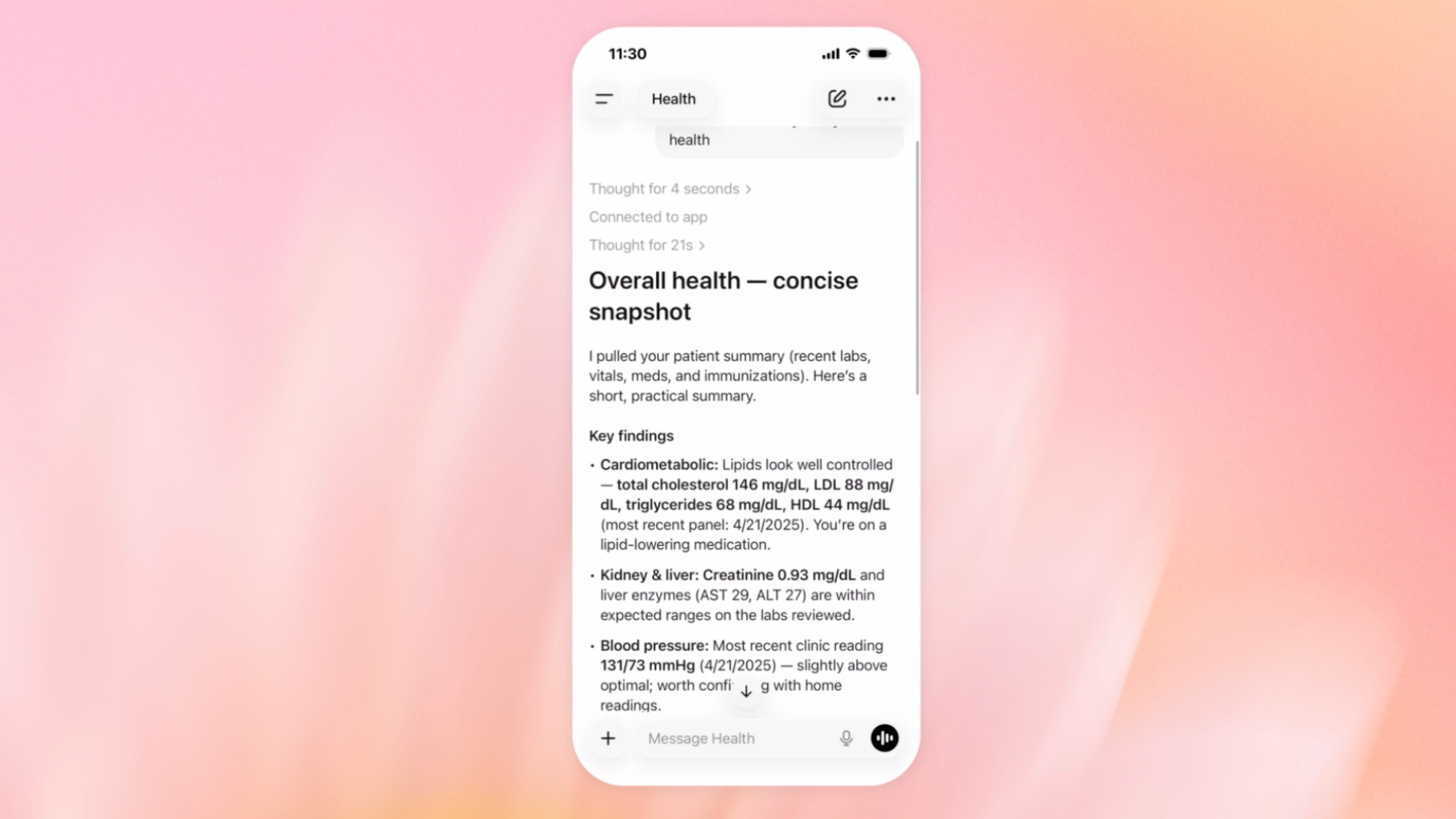 A screenshot of the Chatgpt health app offering to analyze someone's "overall health"